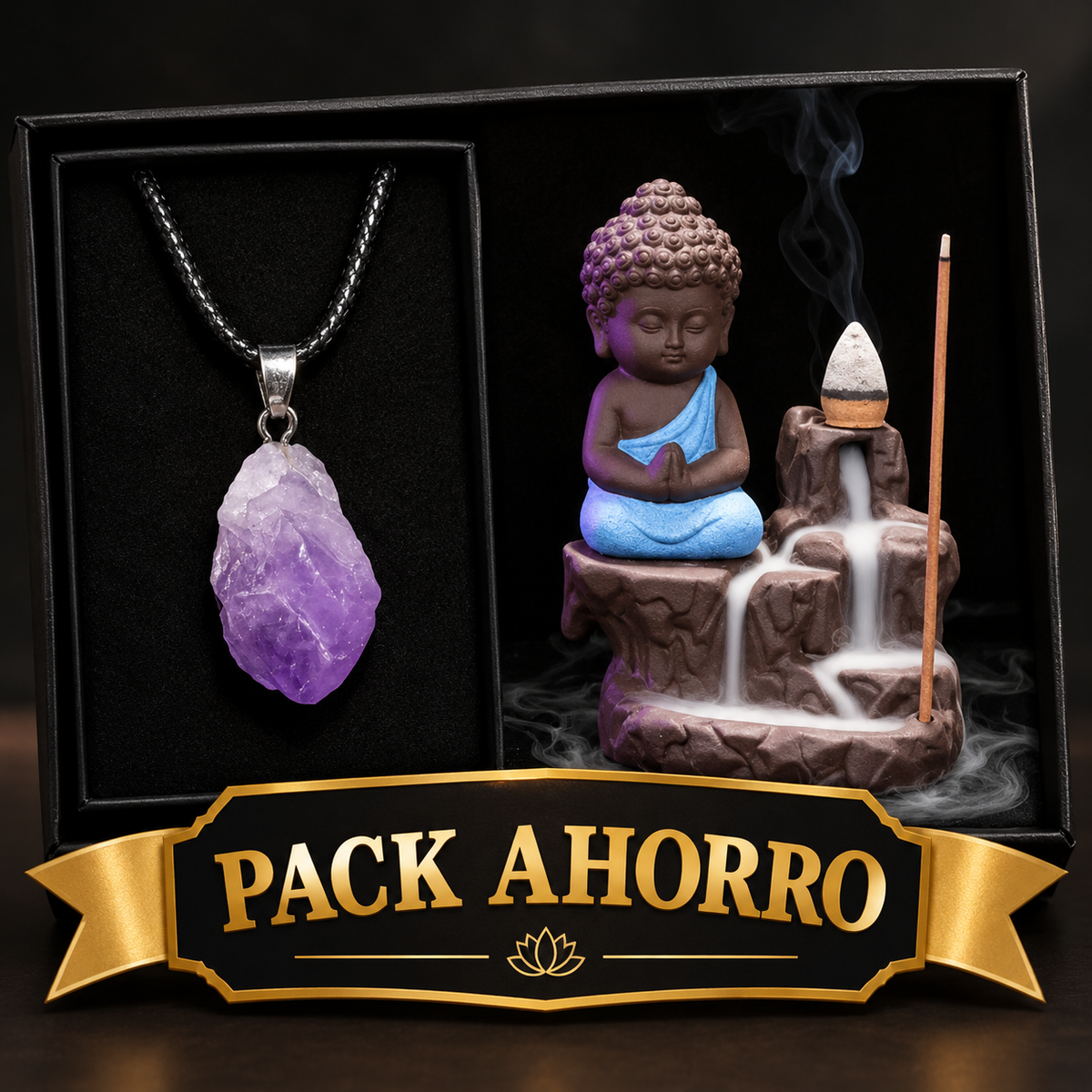 Ahorro Set Espiritual: Buda Zen Aurea y Amatista Natural